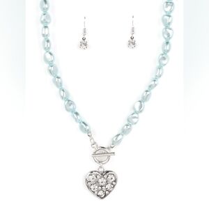 Paparazzi Elegant Silver Heart Pendant With Lt Blue Pearls Necklace